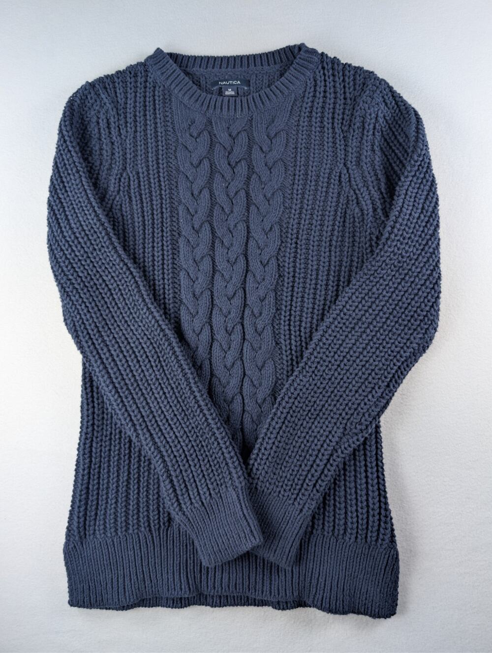 Nautica Men’s M Navy Blue Cable Knit Crewneck Sweater Preppy